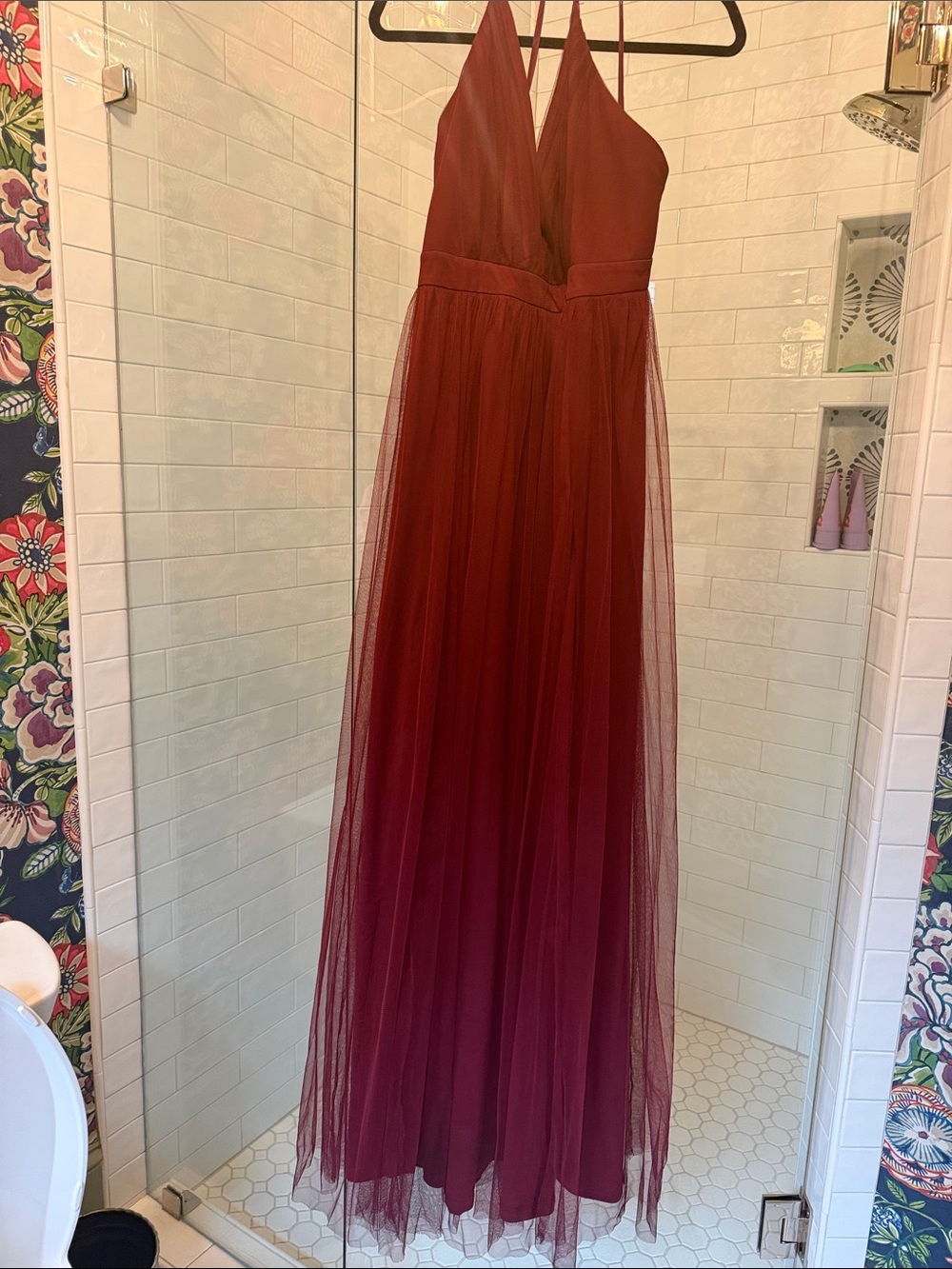Deep burgundy Tulle Halter Evening Dress